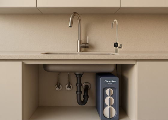 Sistema de purificación de agua CleanPro Water debajo del fregadero con su faucet inteligente